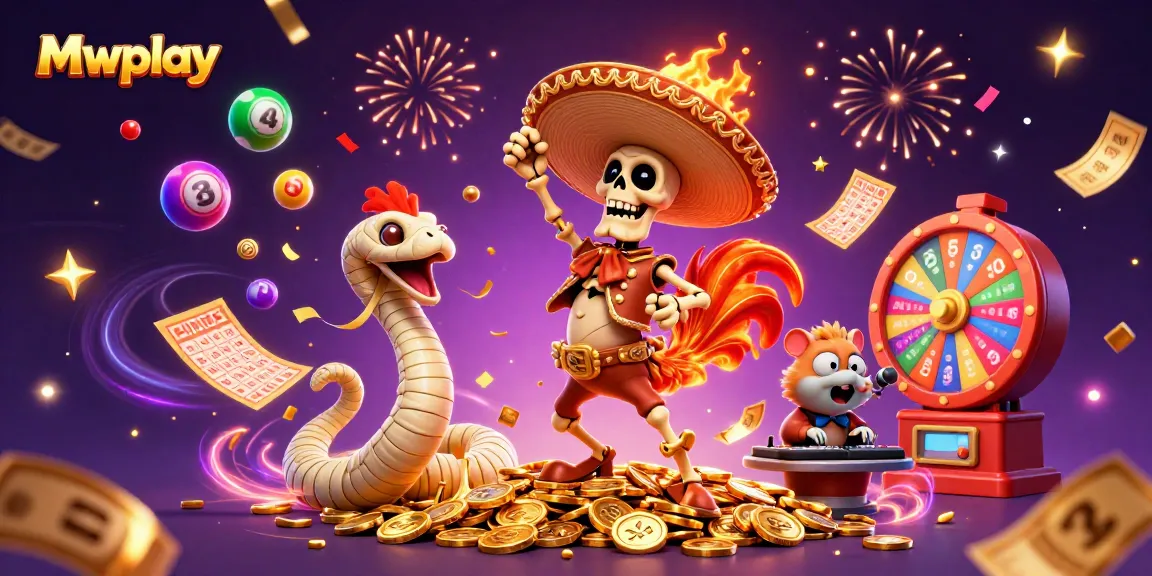 Mwplay offers vibrant casino excitement with a lively mariachi rooster celebrating wins amidst golden prizes.