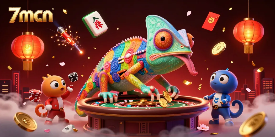 Engage with the 7mcn casino scene featuring a vibrant chameleon owner amidst colorful gambling elements.