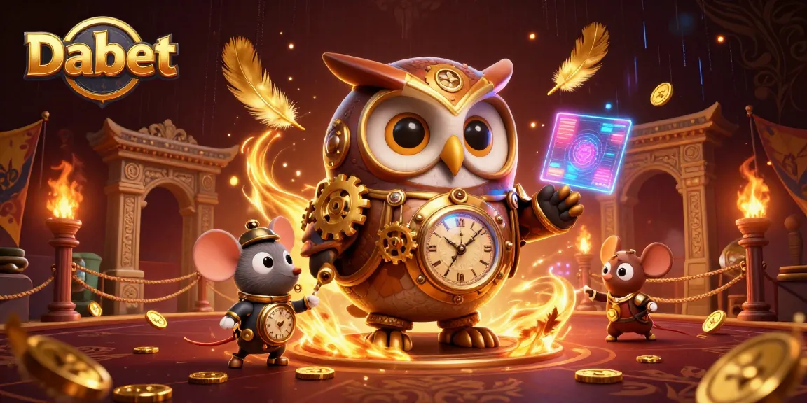 Dabet features a time-traveler owl engaging in steampunk-themed gambling with vibrant casino elements.