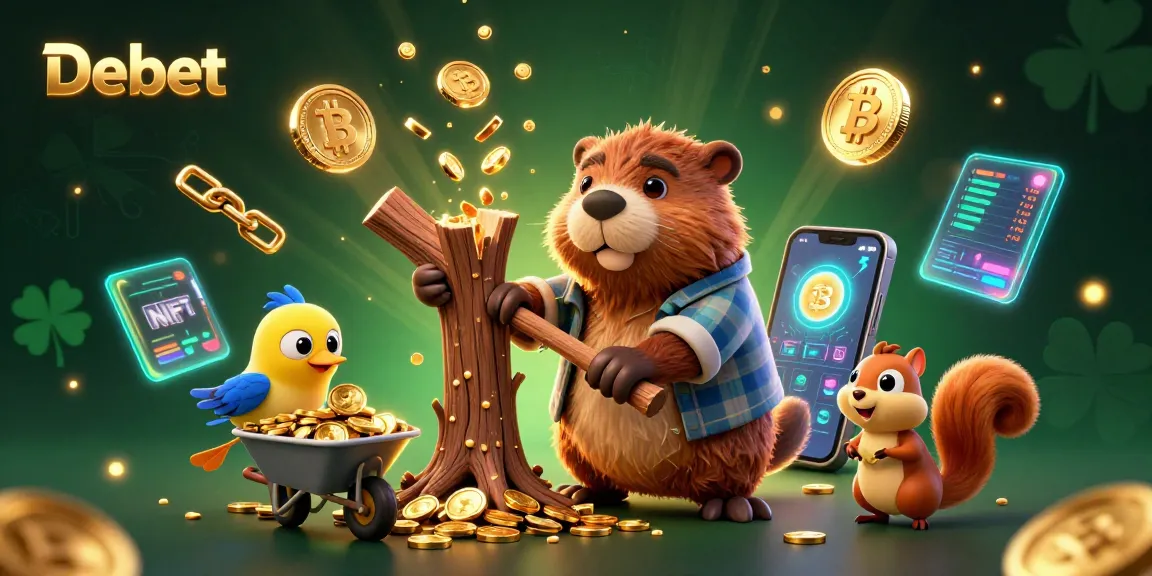 Engage with Debet's animated scene where a beaver, bird, and squirrel celebrate wins in a crypto-lucky ambiance.