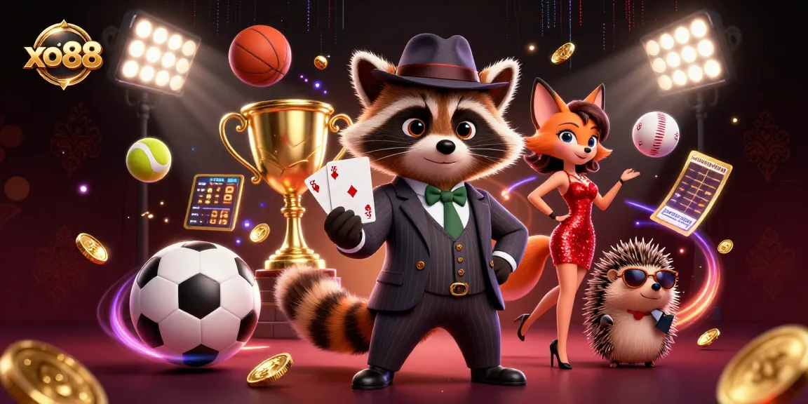 Betters experience excitement with xo88, as a raccoon flaunts a royal flush in an energetic casino scene.