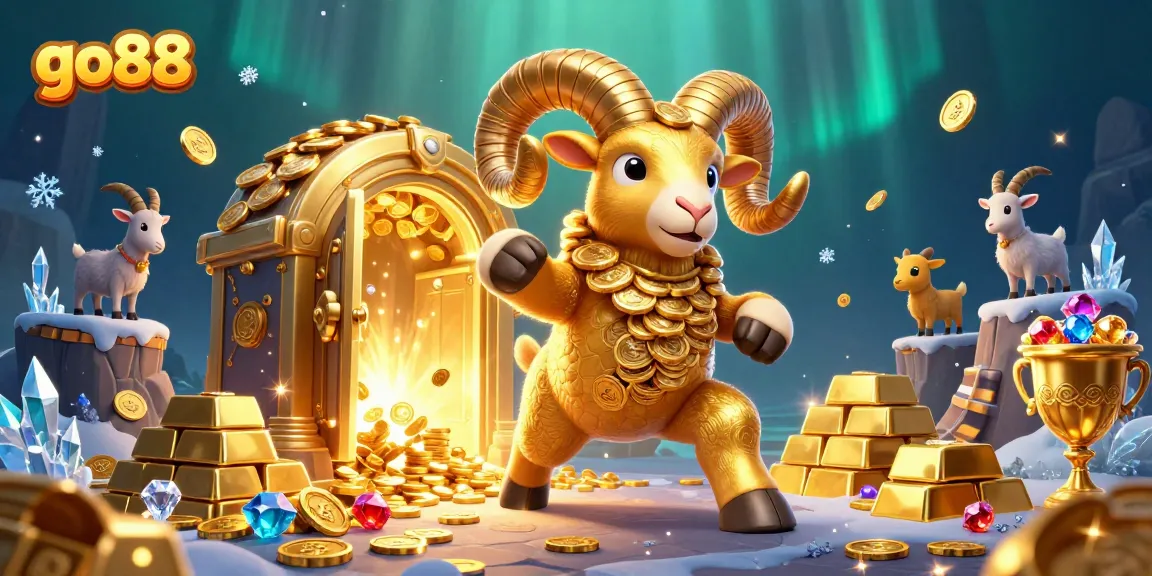 Experience the thrill of go88 with golden treasures and a massive cartoon ram charging through a vibrant casino scene!