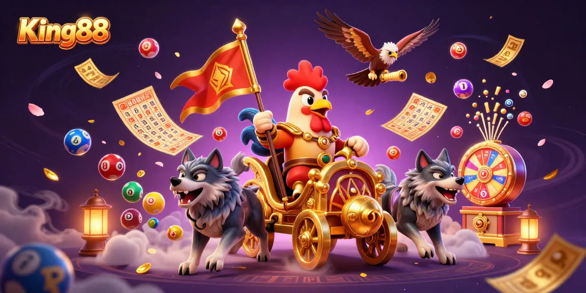 King88 captivates players with a vibrant 3D battle royale scene featuring dynamic lottery elements.