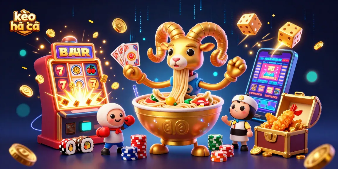 Engaging kèo nhà cái scene with a golden ramen bowl character stacking chips among exciting casino elements.
