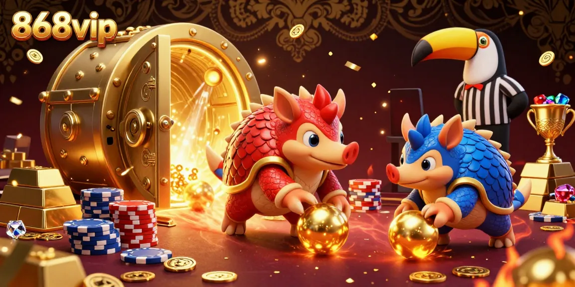 Catch the excitement of 868vip as rival pangolins roll through golden poker chips in a vibrant casino scene.
