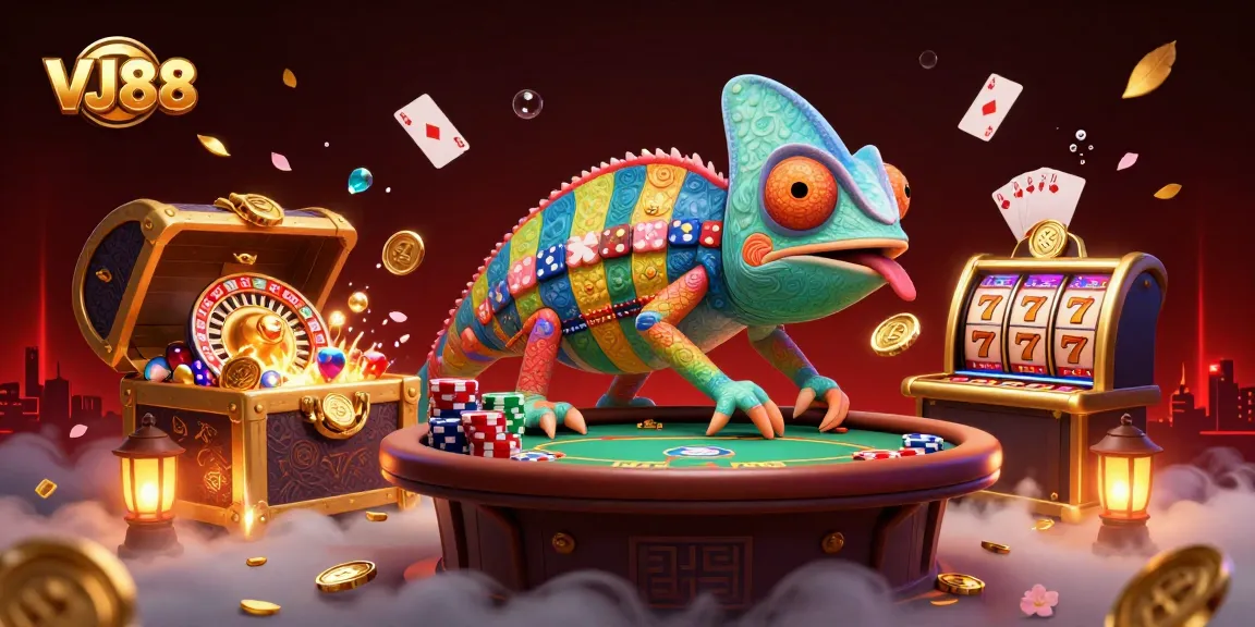 VJ88 chameleon casino owner dynamically interacts with floating playing cards and treasure, showcasing vibrant gambling excitement.