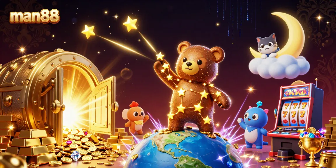 Experience excitement at man88 with colorful slot reels and treasure-filled scenes!