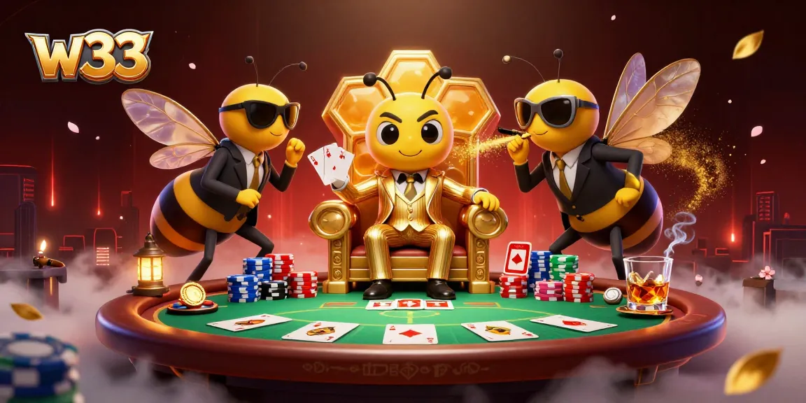 Engage with the thrilling w33 gaming experience featuring a playful bumblebee mob boss at his poker table.