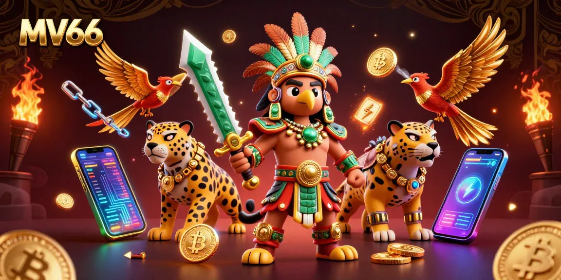 Engage with MV66's exciting environment, featuring Aztec warriors amidst neon crypto elements and casino flair.
