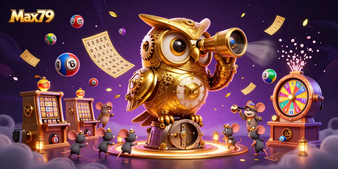 Max79 showcases a dynamic casino scene with a golden owl, lively lottery balls, and vibrant game elements.